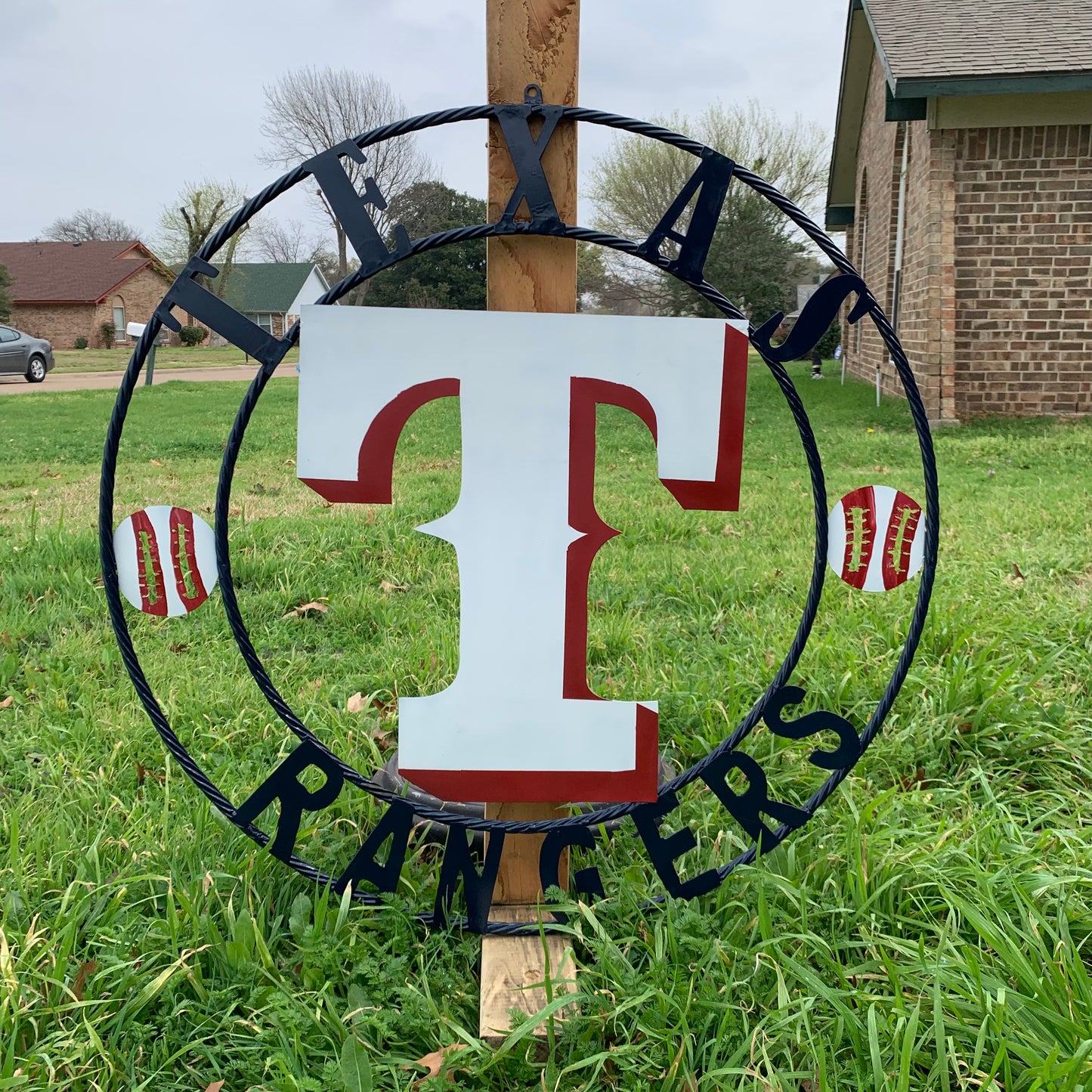TEXAS RANGERS CUSTOM METAL VINTAGE CRAFT TEAM SIGN WHITE & RED & NAVY BLUE RING HANDMADE
