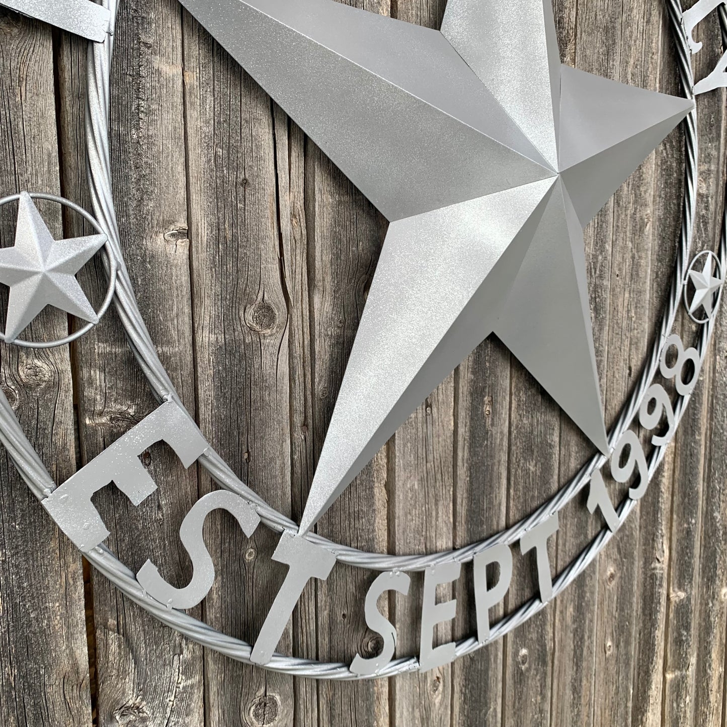 KENT STYLE CUSTOM STAR NAME BARN METAL STAR 3d TWISTED ROPE RING WESTERN HOME DECOR RUSTIC GREY SILVER HANDMADE 24",32",36",50"