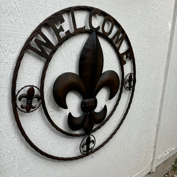 24" WELCOME FLEUR DE LIS METAL WALL ART WESTERN HOME DECOR BROWN NEW #EH11997