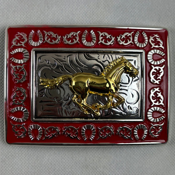 HORSE BELT BUCKLE GOLD SILVER & RED OUTLINE WESTERN METAL BUCKLE FASHION ART 4.5" X 3.5"  #EH12265