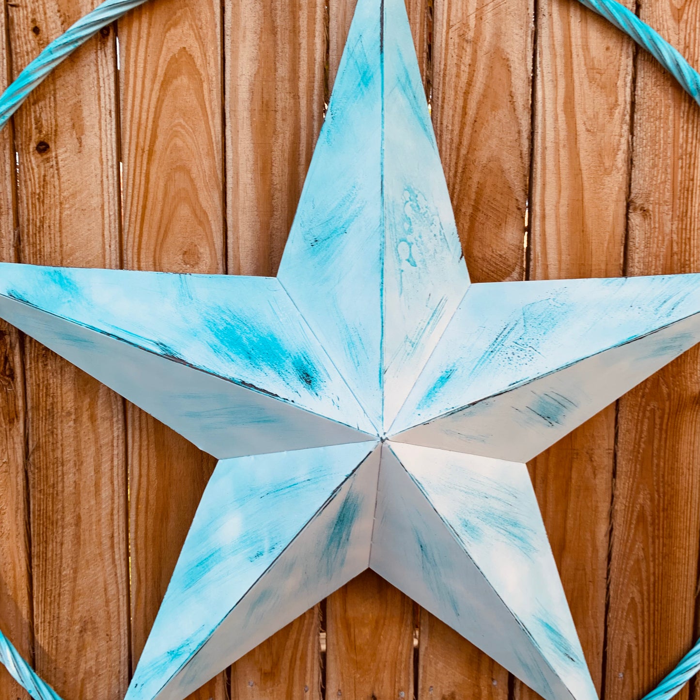 #EH11219 TURQUOISE WHITE DISTRESSED STAR TWO TONE TEXTURE BARN STAR METAL LONESTAR TWISTED ROPE RING WESTERN HOME DECOR HANDMADE NEW