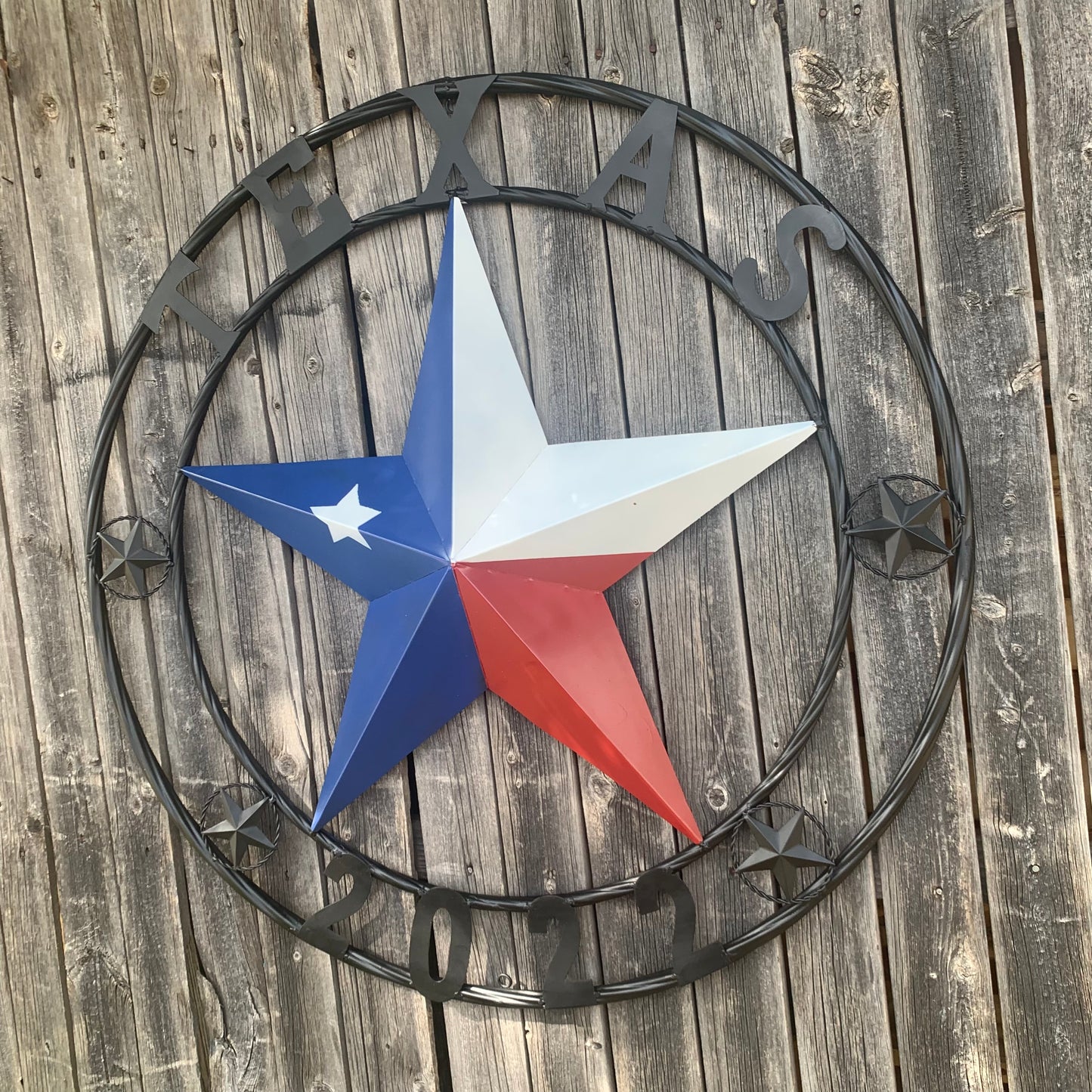 TEXAS 2022 STYLE CUSTOM NAME BARN STAR METAL LONESTAR 3d TWISTED BLACK ROPE RING WESTERN HOME DECOR   HANDMADE 24",32",36"