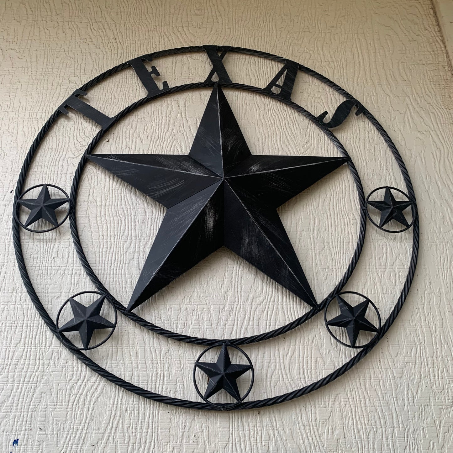 TEXAS BLACK DISTRESSED STAR TWO TONE TEXTURE BARN STAR METAL LONESTAR TWISTED ROPE RING WESTERN HOME DECOR HANDMADE NEW