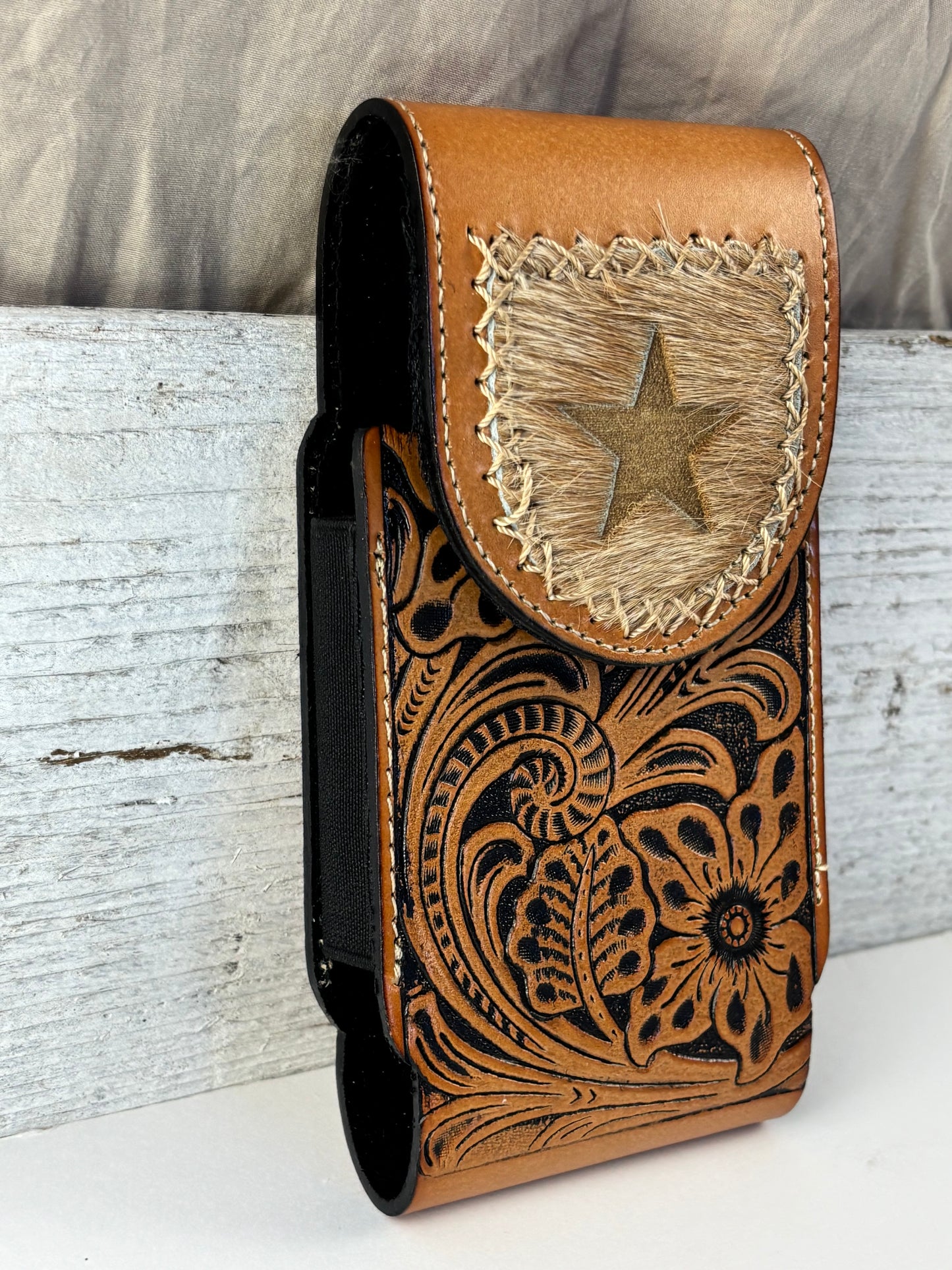 7" STAR LEATHER HOLSTER TAN BROWN STAR POUCH EXTRA LARGE  BELT LOOP CELL PHONE CASE UNIVERSAL OVERSIZE #EH13320