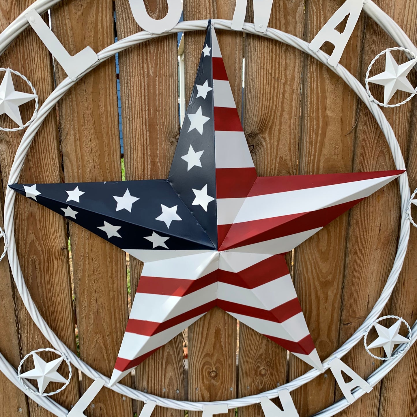 LUNA STYLE CUSTOM NAME BARN STAR METAL STAR 3d TWISTED ROPE RING WESTERN HOME DECOR USA FLAG STAR RED WHOTE & BLUE WITH WHITE RING HANDMADE 24",32",36",50"