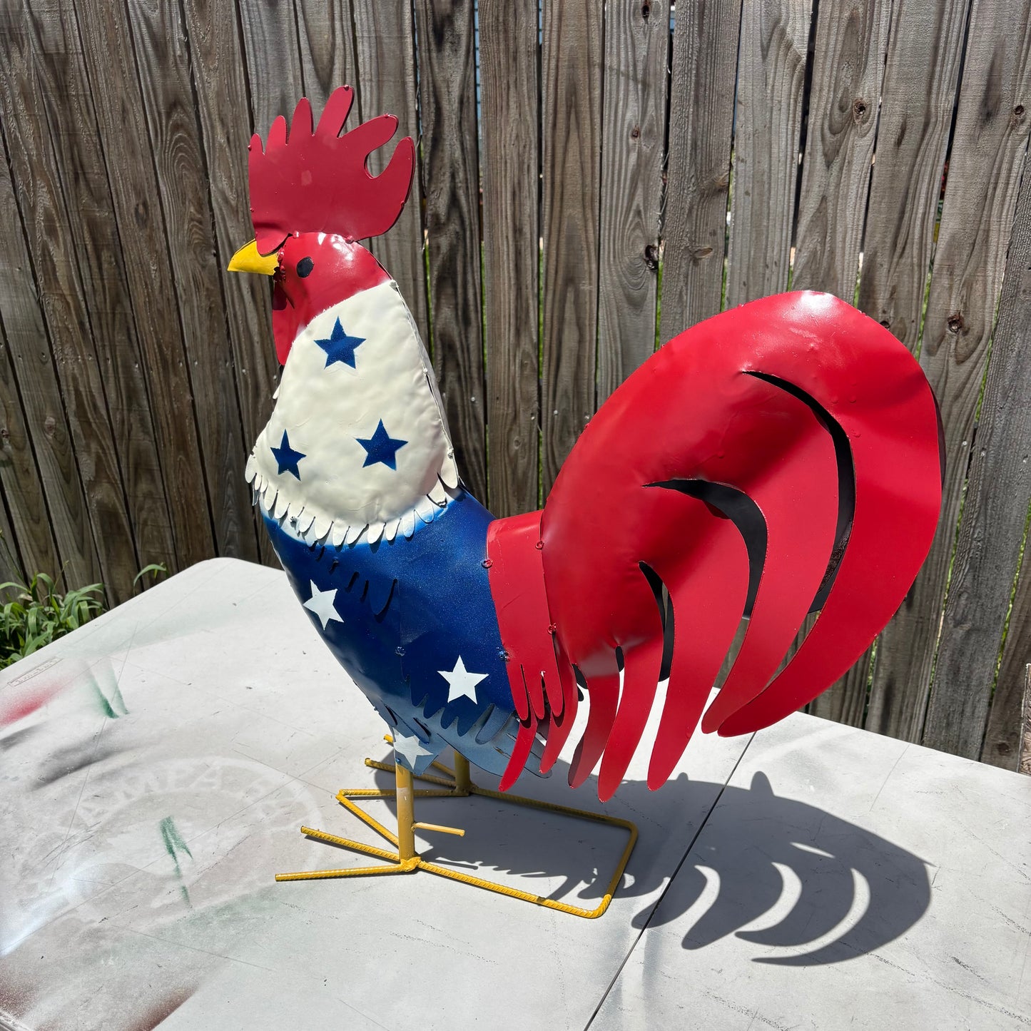 USA FLAG ROOSTER AMERICAN RED WHITE BLUE PATRIOTIC GARDEN METAL SCULPTURE WESTERN HOME DECOR ORNAMENT HANDMADE #34-003