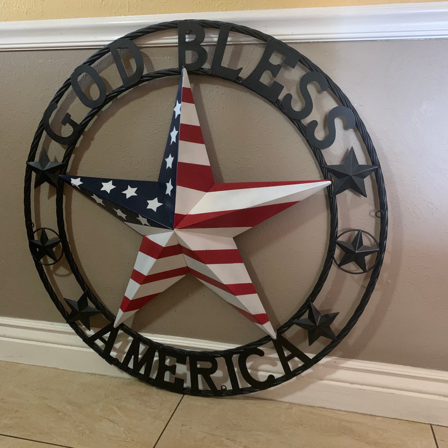 GOD BLESS AMERICA USA FLAG 3d STAR METAL BARN STAR BLACK TWISTED ROPE RING WALL ART WESTERN HOME DECOR RED WHITE & BLUE HANDMADE NEW #EH10490