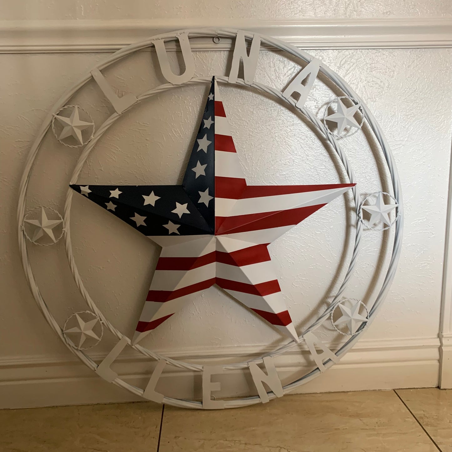 LUNA STYLE CUSTOM NAME BARN STAR METAL STAR 3d TWISTED ROPE RING WESTERN HOME DECOR USA FLAG STAR RED WHOTE & BLUE WITH WHITE RING HANDMADE 24",32",36",50"