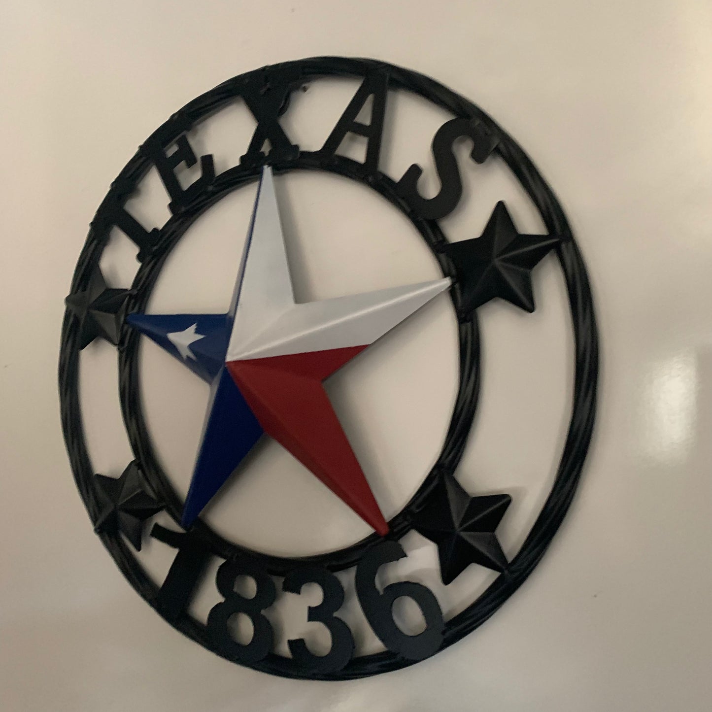 TEXAS FLAG STAR RED WHT BLUE STAR & BLACK RING METAL BARN LONE STAR WESTERN HOME DECOR HANDMADE NEW 12",18",24",36",50"