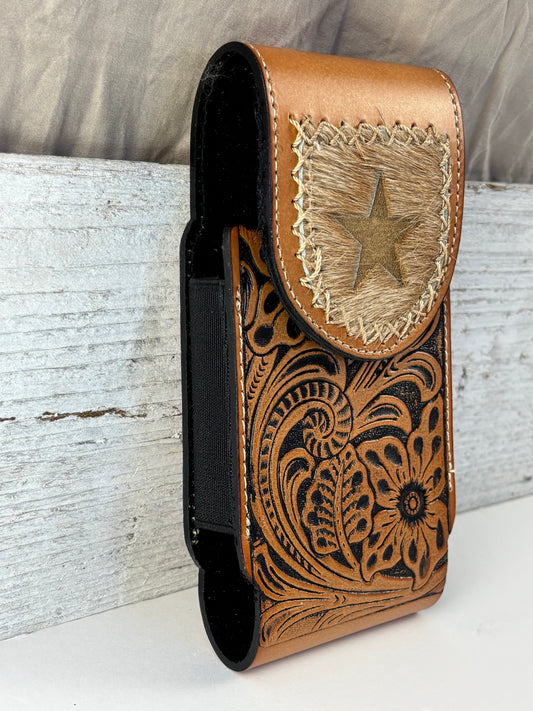 7" STAR LEATHER HOLSTER TAN BROWN STAR POUCH EXTRA LARGE  BELT LOOP CELL PHONE CASE UNIVERSAL OVERSIZE #EH13320