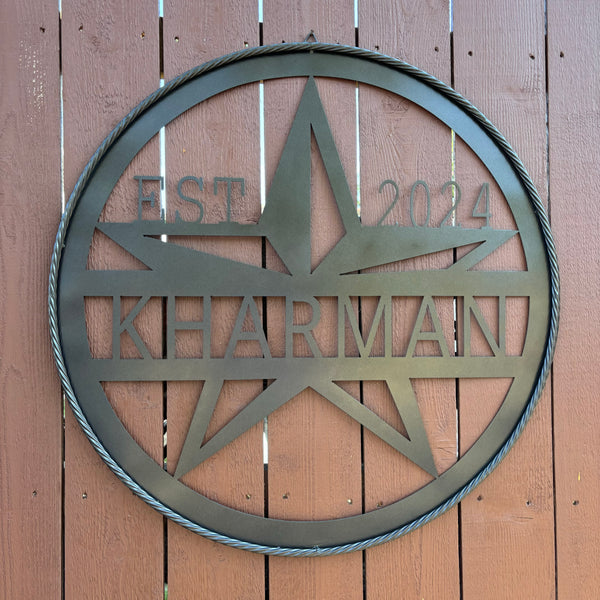 30" KHARMAN CUSTOM NAME SIGN LASERCUT CUSTOM METAL VINTAGE CRAFT SIGN WITH TWISTED ROPE RING WESTERN HOME DECOR HANDMADE NEW