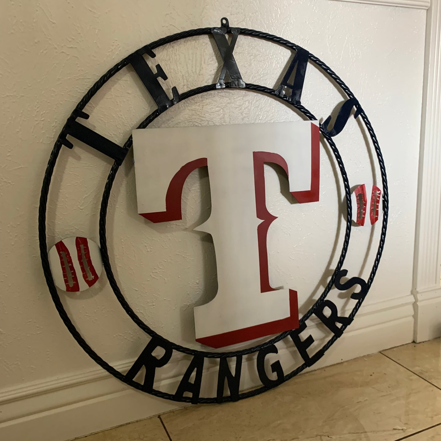 TEXAS RANGERS CUSTOM METAL VINTAGE CRAFT TEAM SIGN WHITE & RED & NAVY BLUE RING HANDMADE