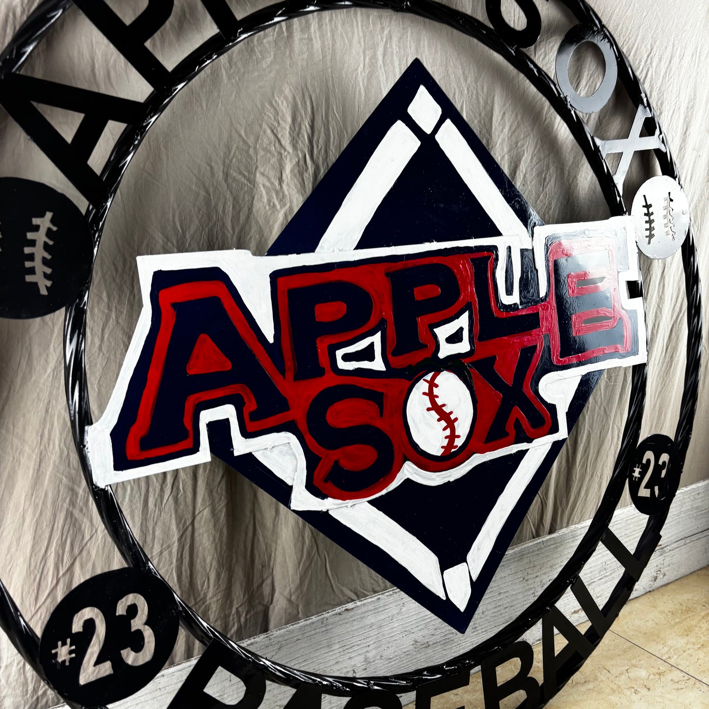 APPLE SOX BASEBALL CUSTOM METAL VINTAGE CRAFT SIGN TEAM NAVY BLUE WHITE RED HANDMADE