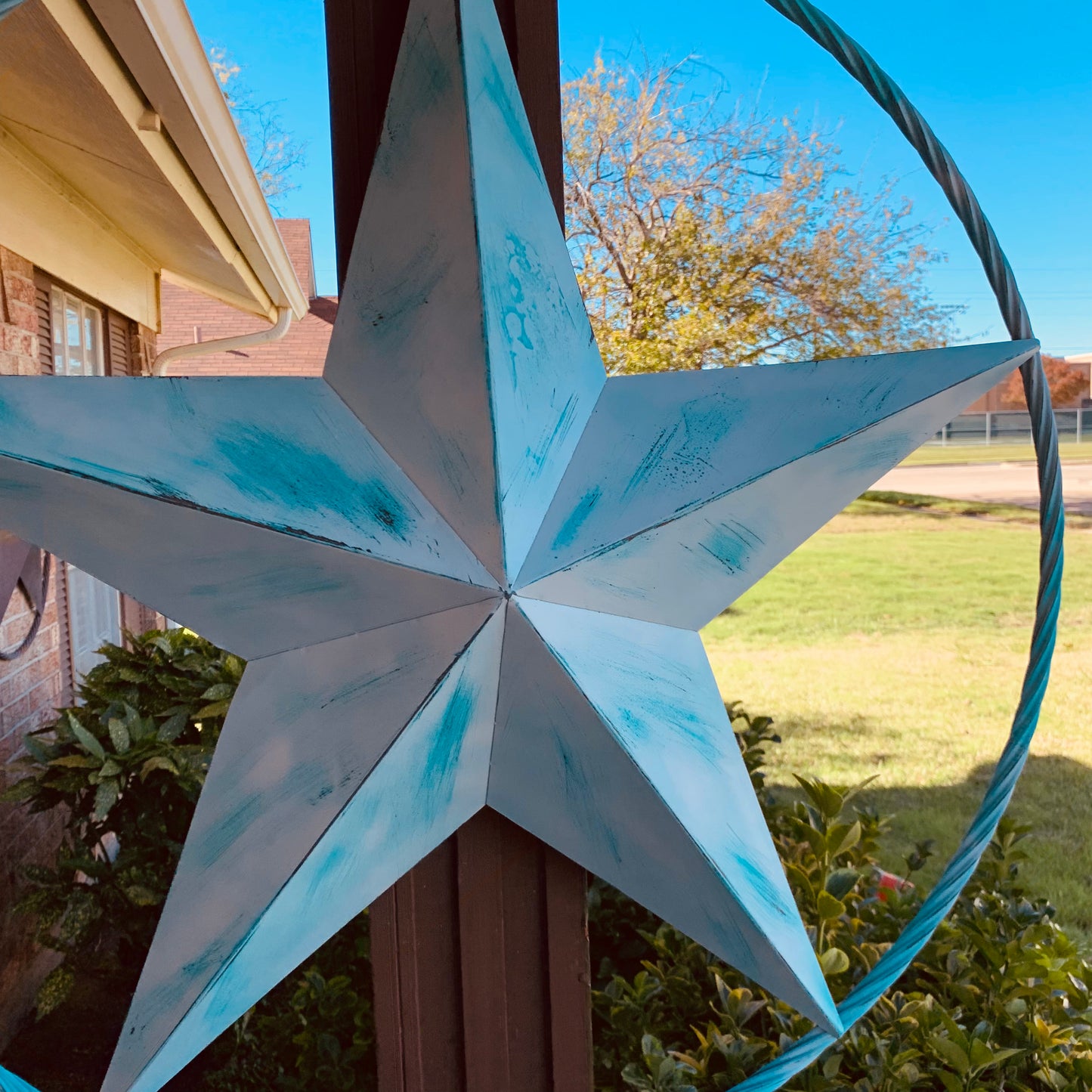 #EH11219 TURQUOISE WHITE DISTRESSED STAR TWO TONE TEXTURE BARN STAR METAL LONESTAR TWISTED ROPE RING WESTERN HOME DECOR HANDMADE NEW