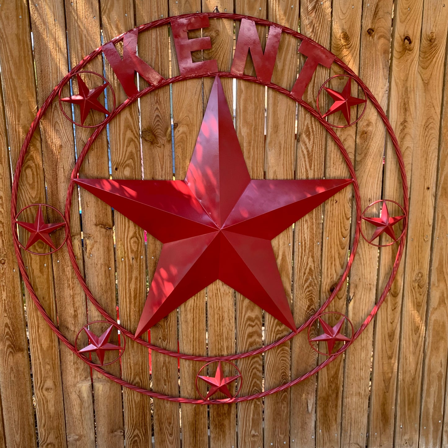 KENT STYLE YOUR CUSTOM STAR METAL NAME RUSTIC BURGUNDY RED CUSTOM 3d STAR METAL NAME BARN STAR TWISTED ROPE RING DESIGN METAL WALL ART HOME DECOR ANY SIZE