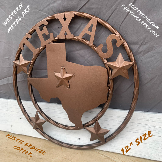 12" STATE OF TEXAS MAP RUSTIC BRONZE TWISTED RING METAL SIGN WESTERN HOME DECOR HANDMADE NEW