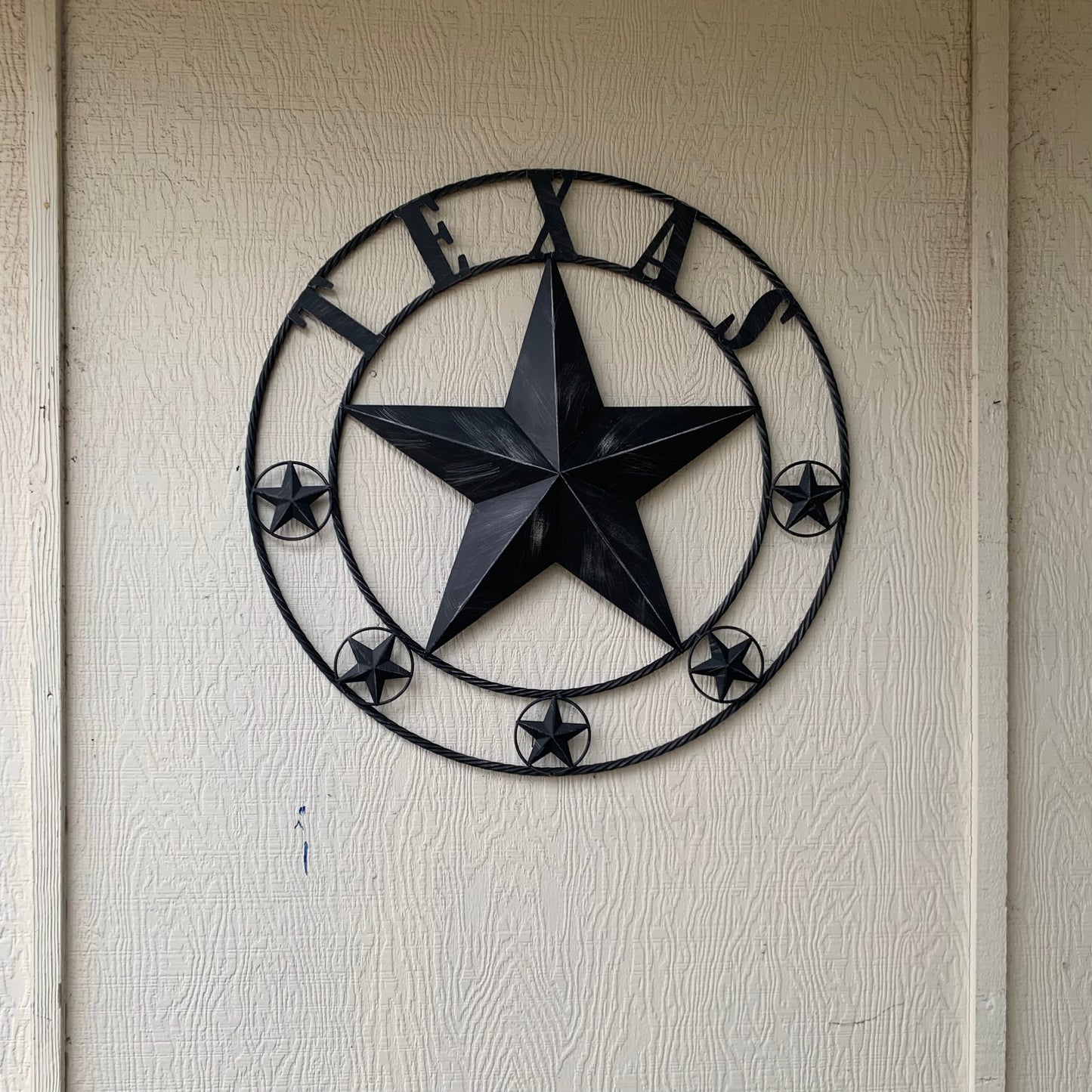 TEXAS BLACK DISTRESSED STAR TWO TONE TEXTURE BARN STAR METAL LONESTAR TWISTED ROPE RING WESTERN HOME DECOR HANDMADE NEW