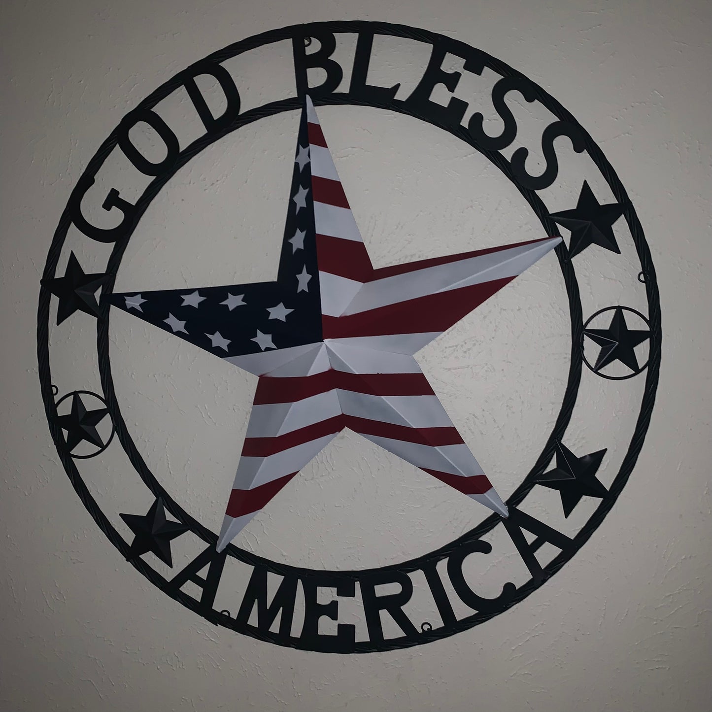 GOD BLESS AMERICA USA FLAG 3d STAR METAL BARN STAR BLACK TWISTED ROPE RING WALL ART WESTERN HOME DECOR RED WHITE & BLUE HANDMADE NEW #EH10490