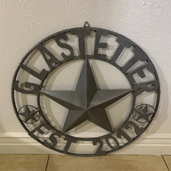 GLASTETTER STYLE YOUR CUSTOM NAME BARN STAR 3d METAL LONE STAR TWISTED ROPE RING WESTERN HOME DECOR RUSTIC GREY HANDMADE 24",32",36",50"