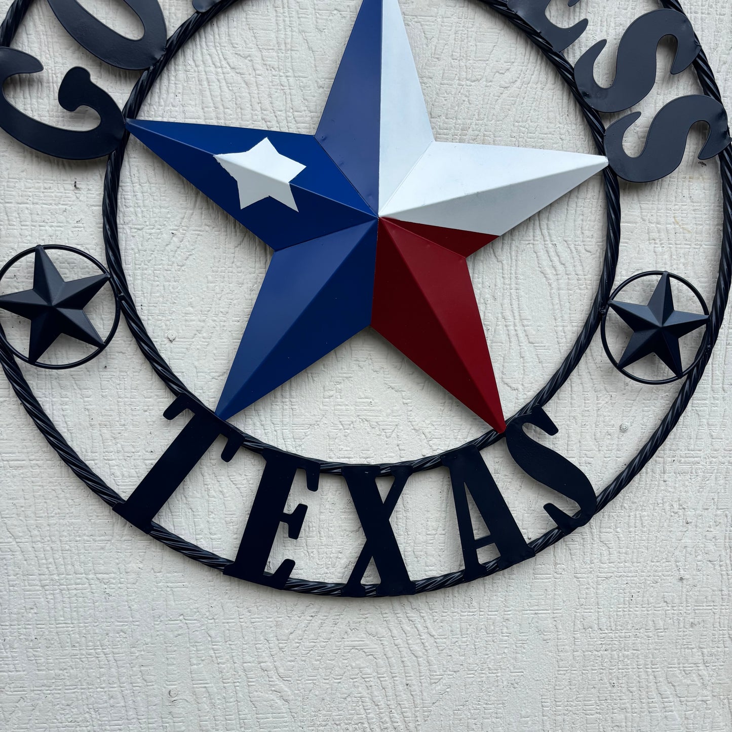 GOD BLESS TEXAS BARN STAR RED WHITE BLUE STAR WITH NAVY BLUE RING LONE STAR TWISTED ROPE RING WESTERN HOME DECOR HANDMADE