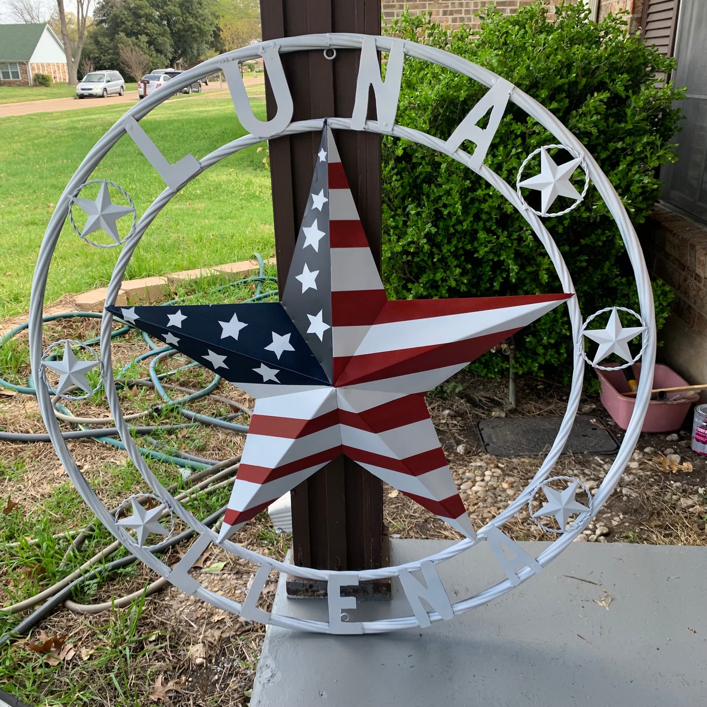 LUNA STYLE CUSTOM NAME BARN STAR METAL STAR 3d TWISTED ROPE RING WESTERN HOME DECOR USA FLAG STAR RED WHOTE & BLUE WITH WHITE RING HANDMADE 24",32",36",50"