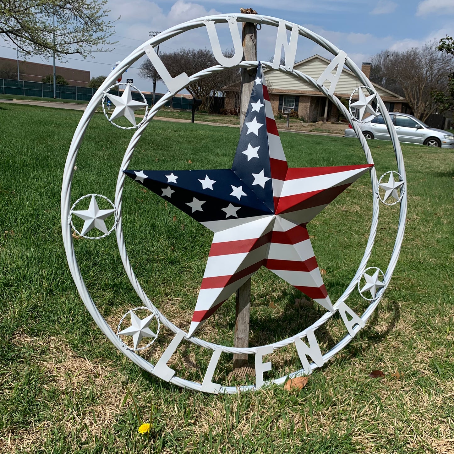 LUNA STYLE CUSTOM NAME BARN STAR METAL STAR 3d TWISTED ROPE RING WESTERN HOME DECOR USA FLAG STAR RED WHOTE & BLUE WITH WHITE RING HANDMADE 24",32",36",50"
