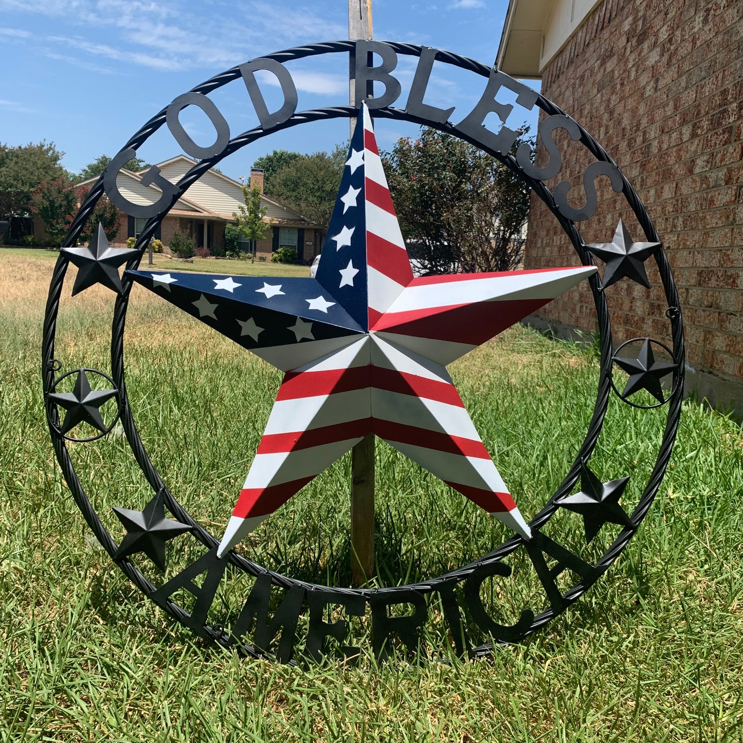 GOD BLESS AMERICA USA FLAG 3d STAR METAL BARN STAR BLACK TWISTED ROPE RING WALL ART WESTERN HOME DECOR RED WHITE & BLUE HANDMADE NEW #EH10490