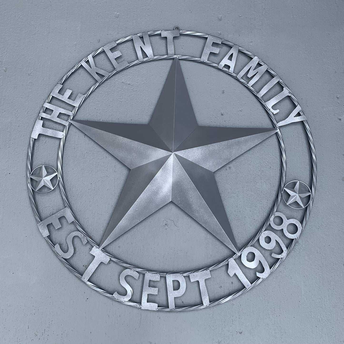 KENT STYLE CUSTOM STAR NAME BARN METAL STAR 3d TWISTED ROPE RING WESTERN HOME DECOR RUSTIC GREY SILVER HANDMADE 24",32",36",50"