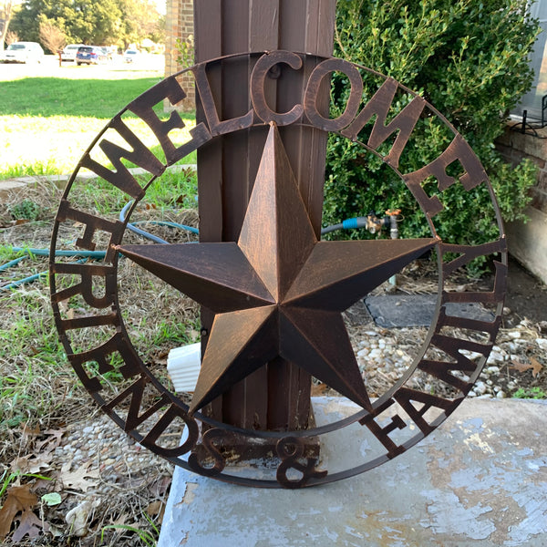 WELCOME FRIENDS FAMILY BARN METAL STAR WALL ART WESTERN HOME DECOR HANDMADE NEW