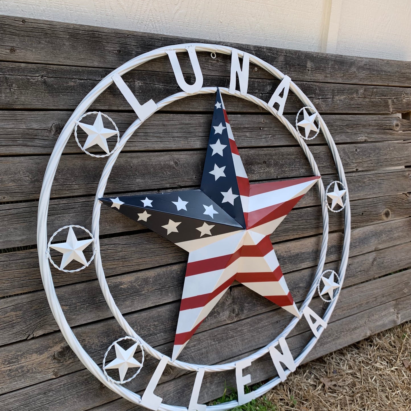 LUNA STYLE CUSTOM NAME BARN STAR METAL STAR 3d TWISTED ROPE RING WESTERN HOME DECOR USA FLAG STAR RED WHOTE & BLUE WITH WHITE RING HANDMADE 24",32",36",50"