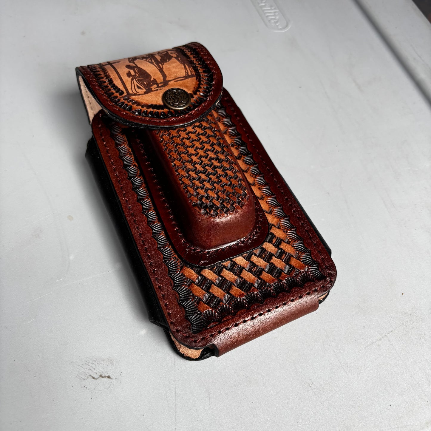 COWBOY PRAYER LEATHER HOLSTER 7" PHONE POUCH WITH KNIFE HOLDER FRONT EXTRA LARGE  BELT LOOP CELL PHONE CASE UNIVERSAL OVERSIZE MADE IN MEXICO #EH13861