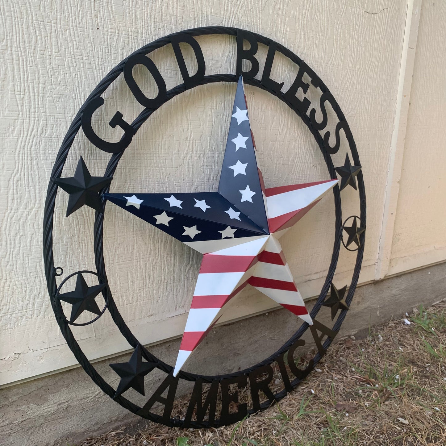 GOD BLESS AMERICA USA FLAG 3d STAR METAL BARN STAR BLACK TWISTED ROPE RING WALL ART WESTERN HOME DECOR RED WHITE & BLUE HANDMADE NEW #EH10490
