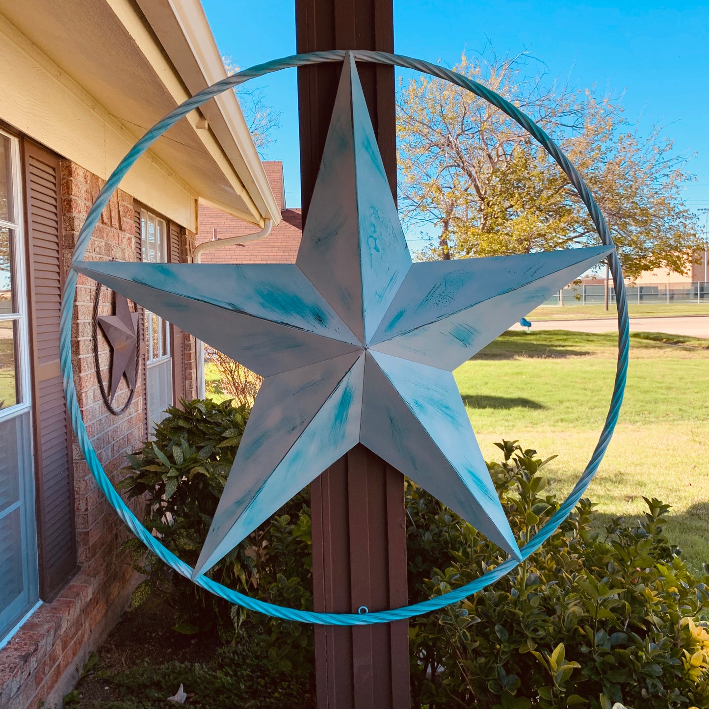 #EH11219 TURQUOISE WHITE DISTRESSED STAR TWO TONE TEXTURE BARN STAR METAL LONESTAR TWISTED ROPE RING WESTERN HOME DECOR HANDMADE NEW