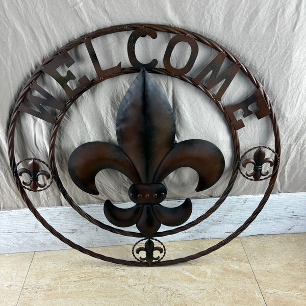 24" WELCOME FLEUR DE LIS METAL WALL ART WESTERN HOME DECOR BROWN NEW #EH11997