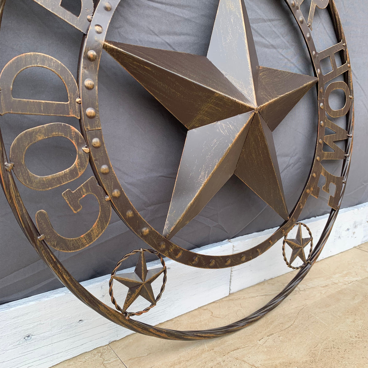 24" GOD BLESS OUR HOME BEADED STAR COLIBROX METAL TWISTED ROPE RING LONE STAR WALL ART WESTERN HOME DECOR RUSTIC DARK BRONZE COPPER HANDMADE NEW