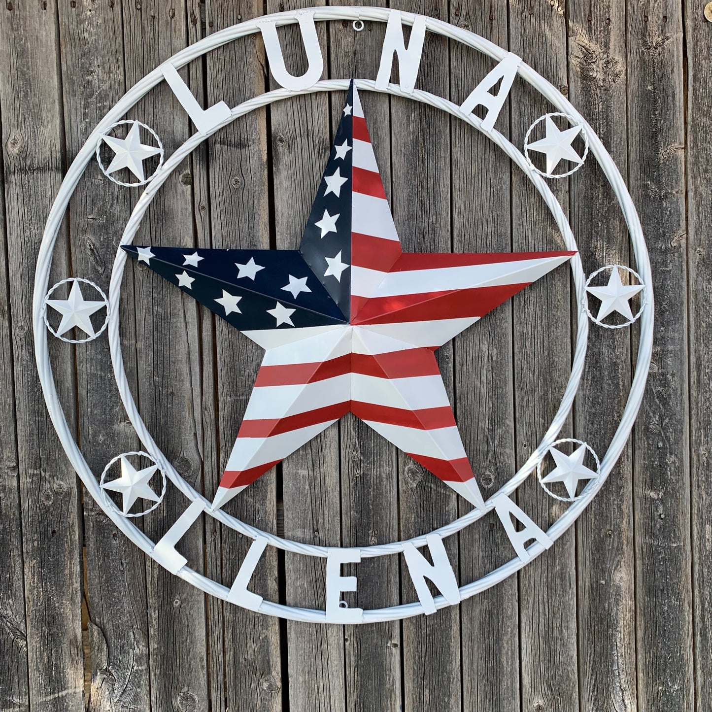 LUNA STYLE CUSTOM NAME BARN STAR METAL STAR 3d TWISTED ROPE RING WESTERN HOME DECOR USA FLAG STAR RED WHOTE & BLUE WITH WHITE RING HANDMADE 24",32",36",50"