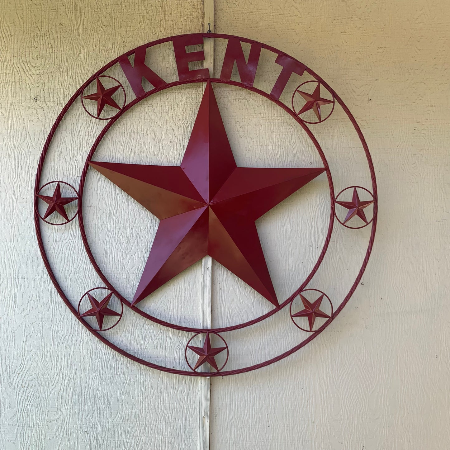 KENT STYLE YOUR CUSTOM STAR METAL NAME RUSTIC BURGUNDY RED CUSTOM 3d STAR METAL NAME BARN STAR TWISTED ROPE RING DESIGN METAL WALL ART HOME DECOR ANY SIZE