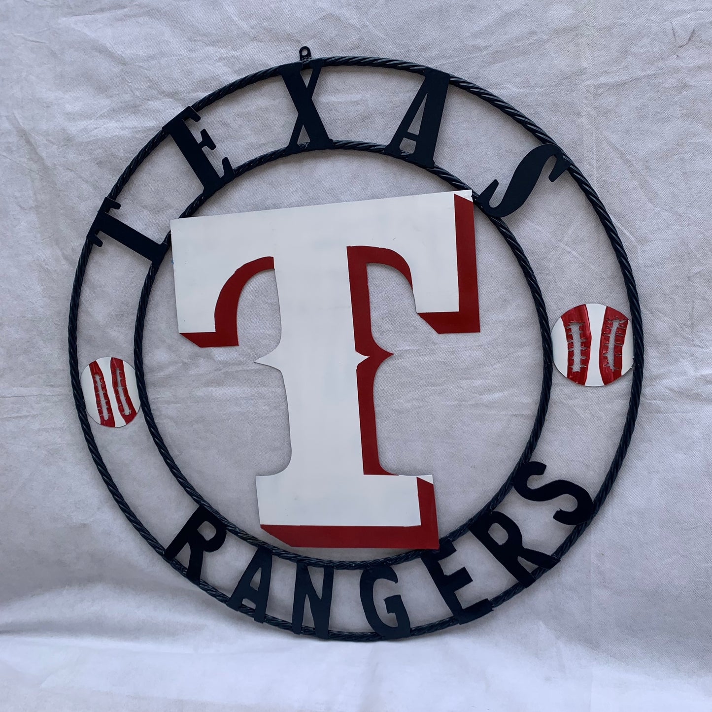 TEXAS RANGERS CUSTOM METAL VINTAGE CRAFT TEAM SIGN WHITE & RED & NAVY BLUE RING HANDMADE