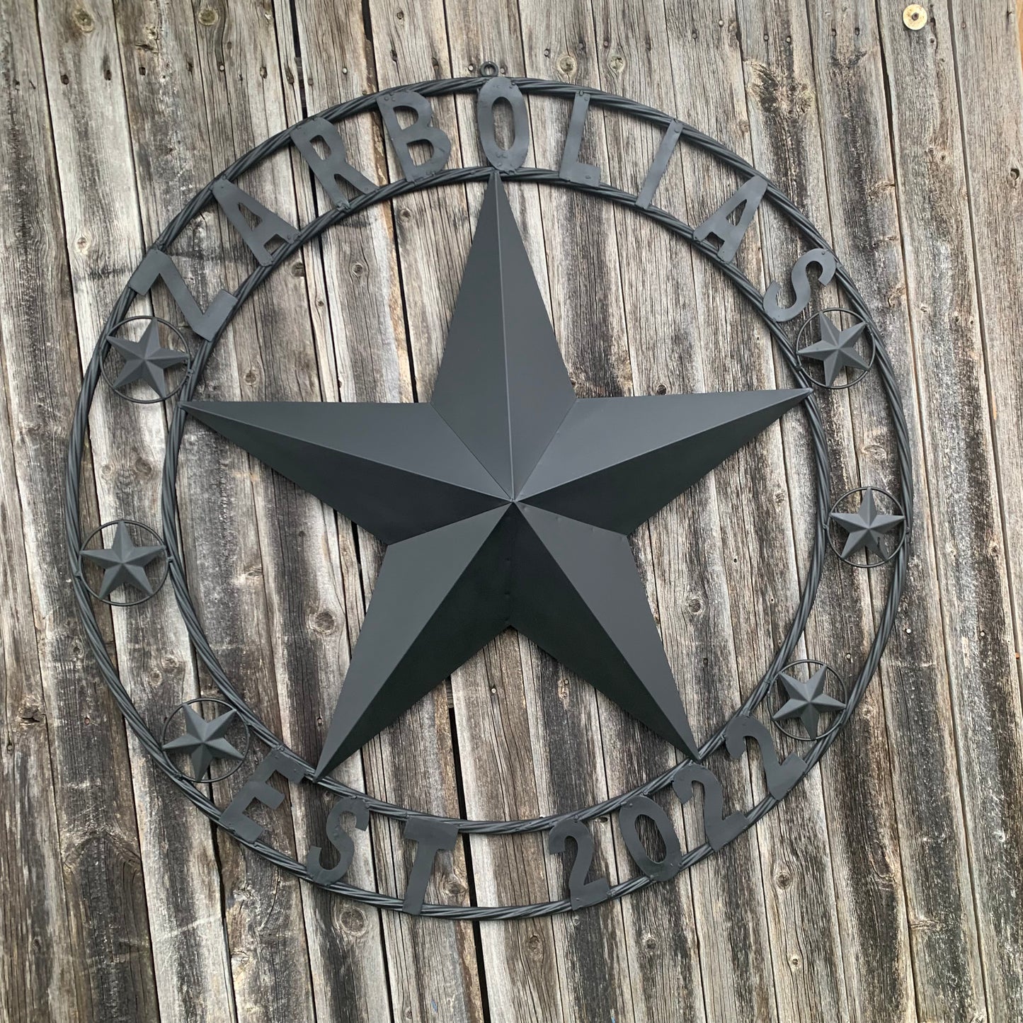 ZARBOLIAS STYLE CUSTOM NAME STAR BARN METAL STAR 3d TWISTED ROPE RING WESTERN HOME DECOR RUSTIC BLACK HANDMADE 24",32",36",50"