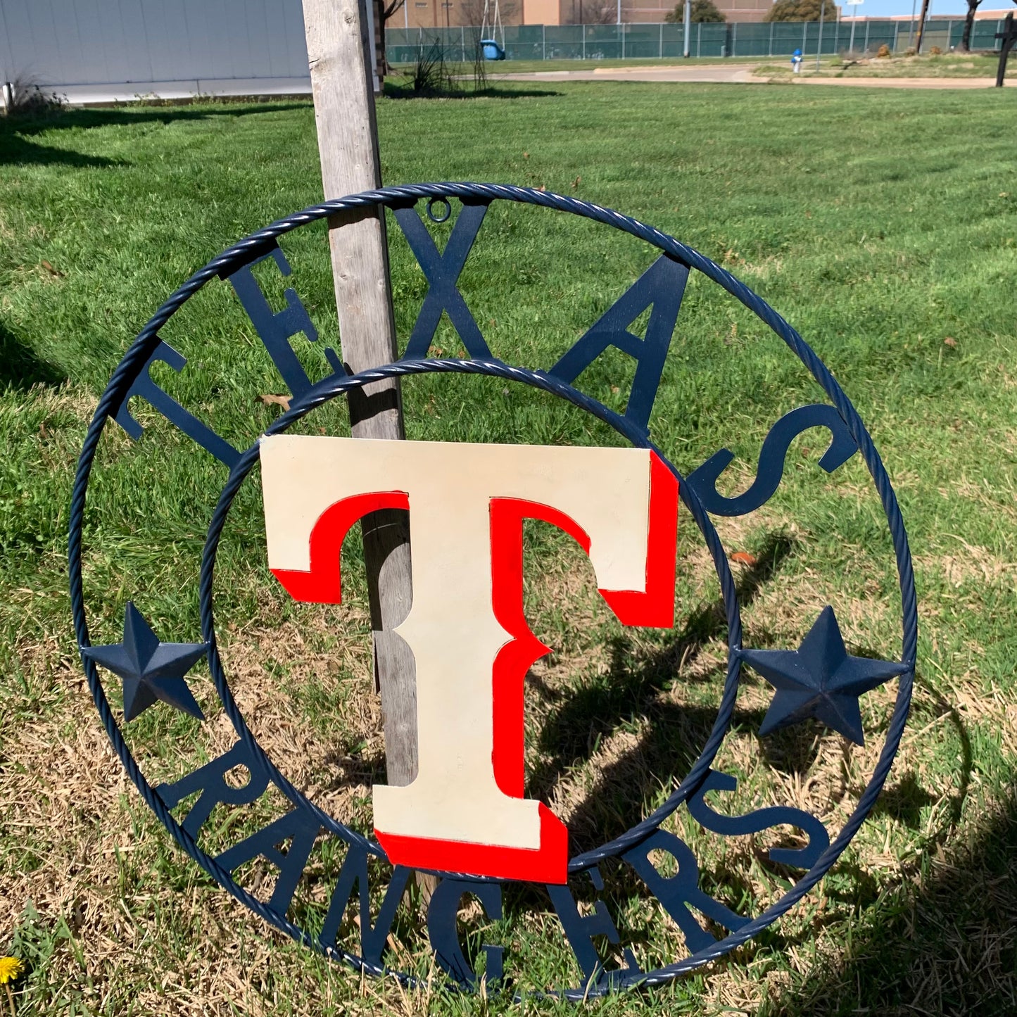 12", 18", 24", 32" TEXAS RANGERS BARN CUSTOM METAL VINTAGE CRAFT SIGN TEAM  WHITE & RED & NAVY BLUE RING & STAR HANDMADE