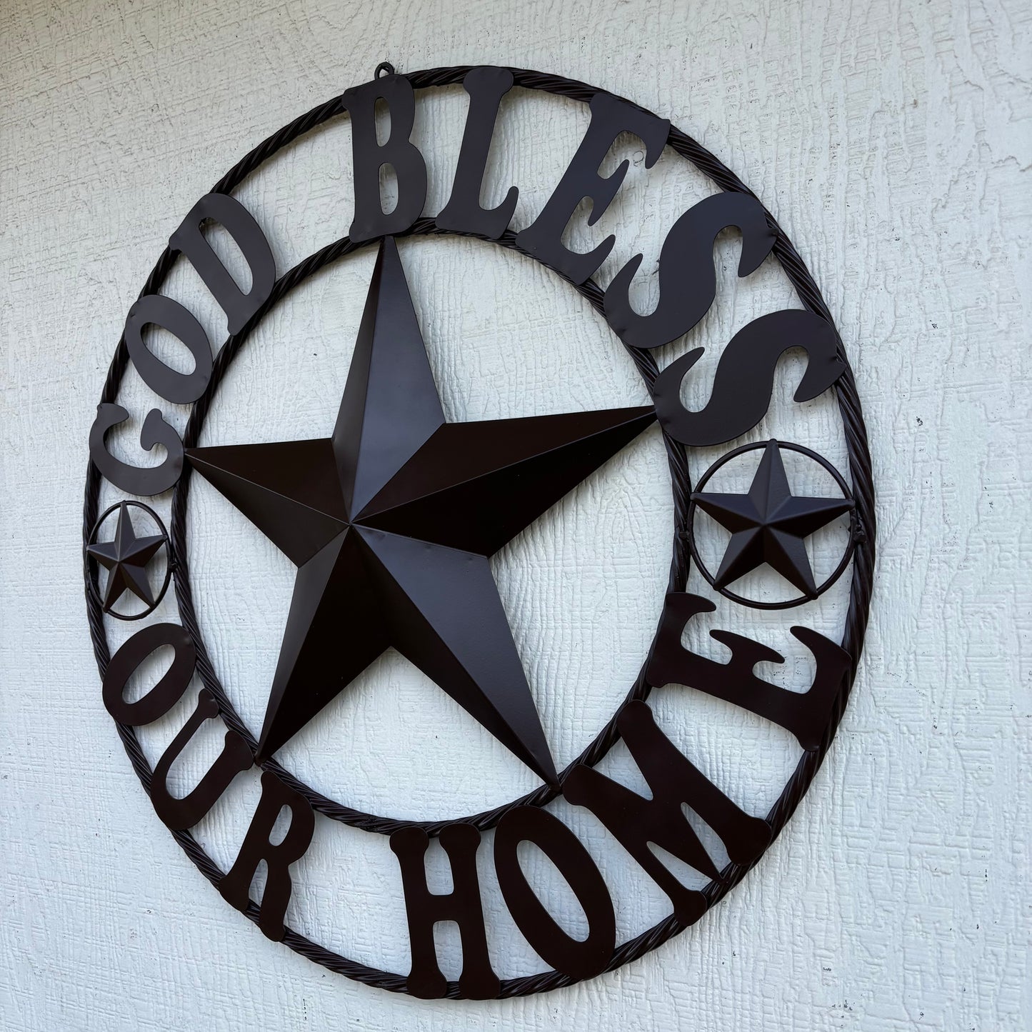 GOD BLESS OUR HOME BLACK BARN STAR METAL LONE STAR TWISTED ROPE RING WESTERN HOME DECOR HANDMADE #EH10941