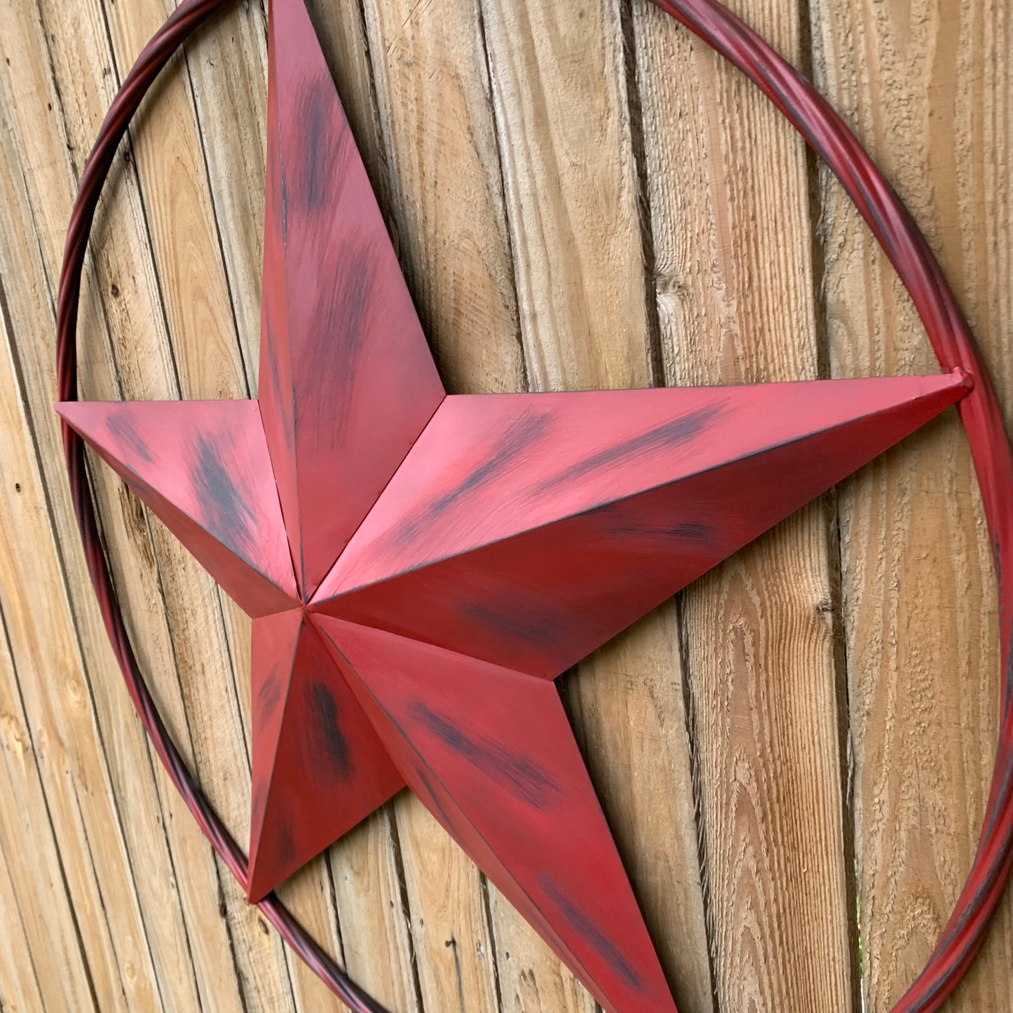 RED DISTRESSED STAR TWO TONE TEXTURE BARN STAR METAL LONESTAR TWISTED ROPE RING WESTERN HOME DECOR HANDMADE NEW #EH12958
