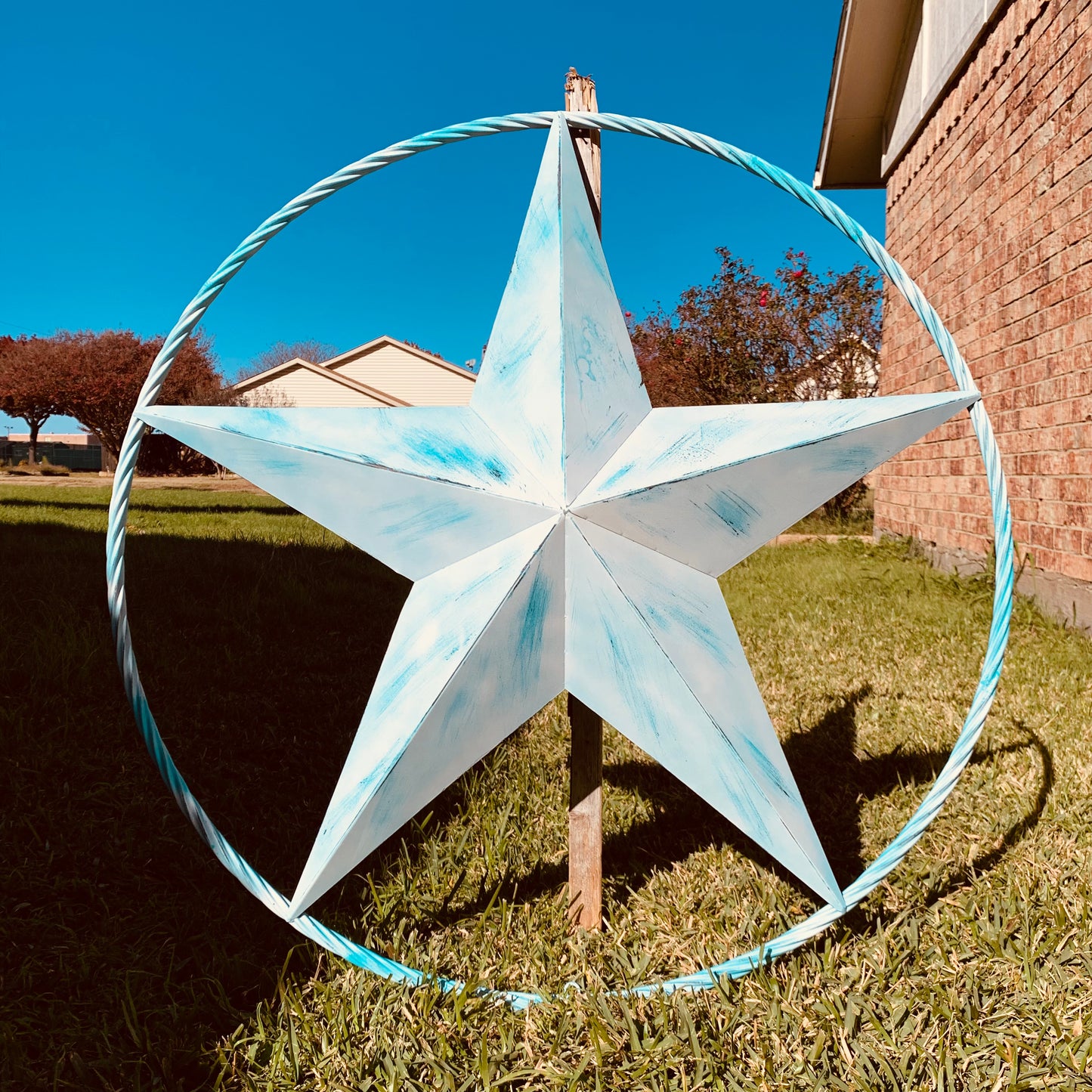 #EH11219 TURQUOISE WHITE DISTRESSED STAR TWO TONE TEXTURE BARN STAR METAL LONESTAR TWISTED ROPE RING WESTERN HOME DECOR HANDMADE NEW