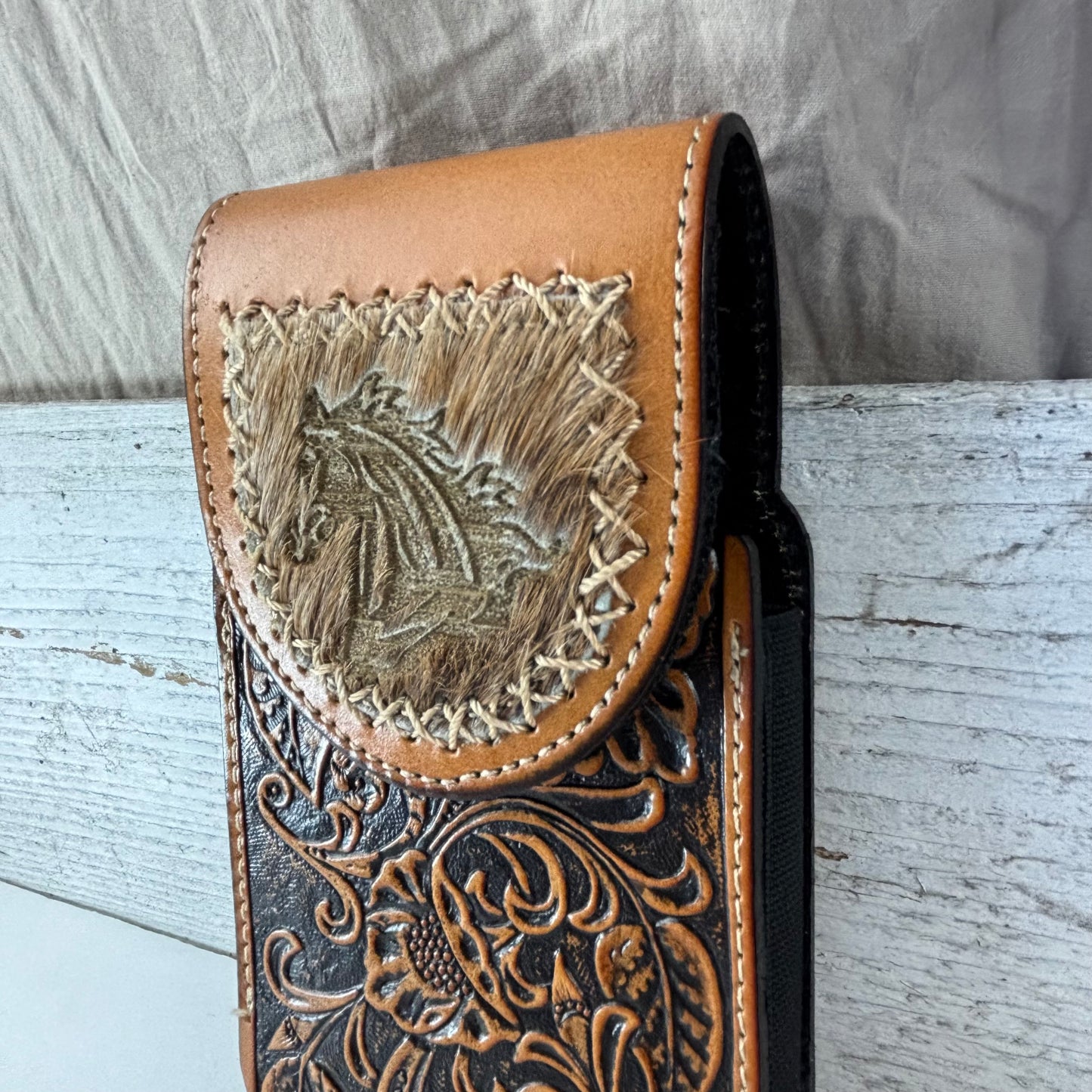 7" HORSE LEATHER HOLSTER TAN POUCH EXTRA LARGE  BELT LOOP CELL PHONE CASE UNIVERSAL OVERSIZE #EH13323