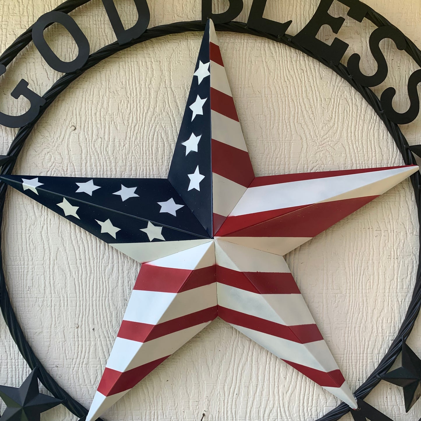 GOD BLESS AMERICA USA FLAG 3d STAR METAL BARN STAR BLACK TWISTED ROPE RING WALL ART WESTERN HOME DECOR RED WHITE & BLUE HANDMADE NEW #EH10490