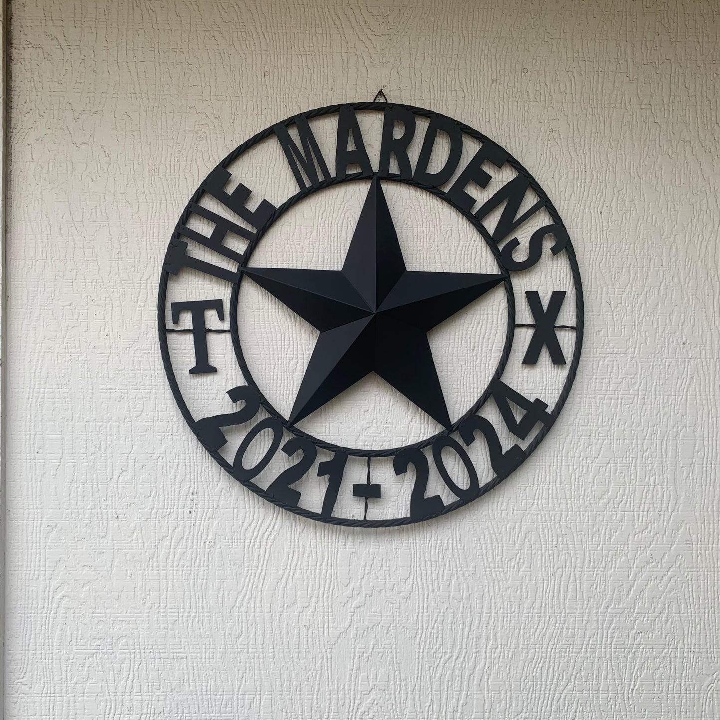 MARDENS STYLE CUSTOM NAME STAR BARN METAL STAR 3d TWISTED ROPE RING WESTERN HOME DECOR RUSTIC BLACK HANDMADE 24",32",36",50"