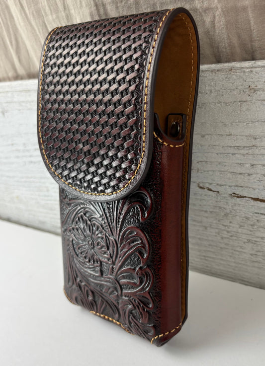 7" PLAIN FLORAL LEATHER HOLSTER BROWN STAR POUCH EXTRA LARGE  BELT LOOP CELL PHONE CASE UNIVERSAL OVERSIZE