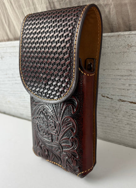 7" PLAIN FLORAL LEATHER HOLSTER BROWN STAR POUCH EXTRA LARGE  BELT LOOP CELL PHONE CASE UNIVERSAL OVERSIZE