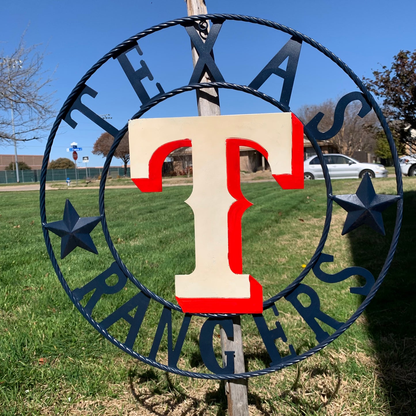 12", 18", 24", 32" TEXAS RANGERS BARN CUSTOM METAL VINTAGE CRAFT SIGN TEAM  WHITE & RED & NAVY BLUE RING & STAR HANDMADE