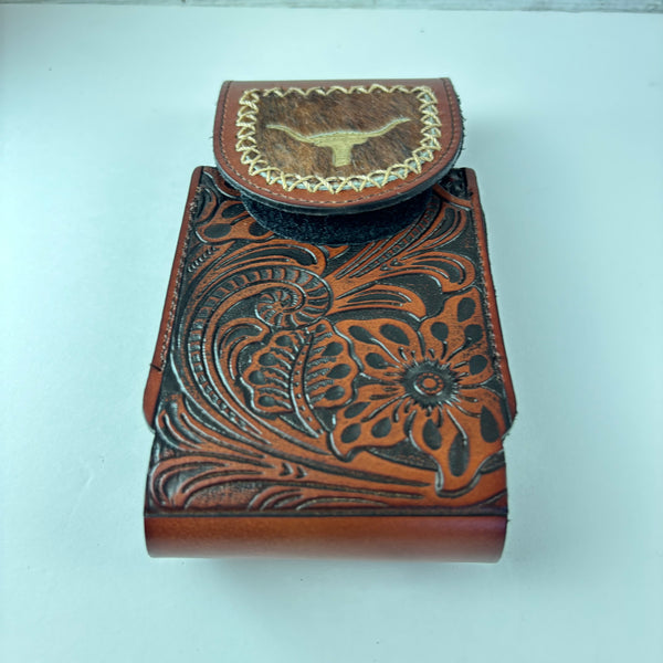 7" LONGHORNS LEATHER HOLSTER BROWN POUCH EXTRA LARGE  BELT LOOP CELL PHONE CASE UNIVERSAL OVERSIZE